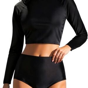 Black Long Sleeve Crop Top rash guard UV UPF 50+ swim shirt with bottoms XS/0247